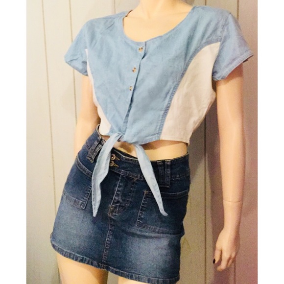 VTG RAD 80s Blue Denim Colorblock Midriff Crop Top - Picture 2 of 4